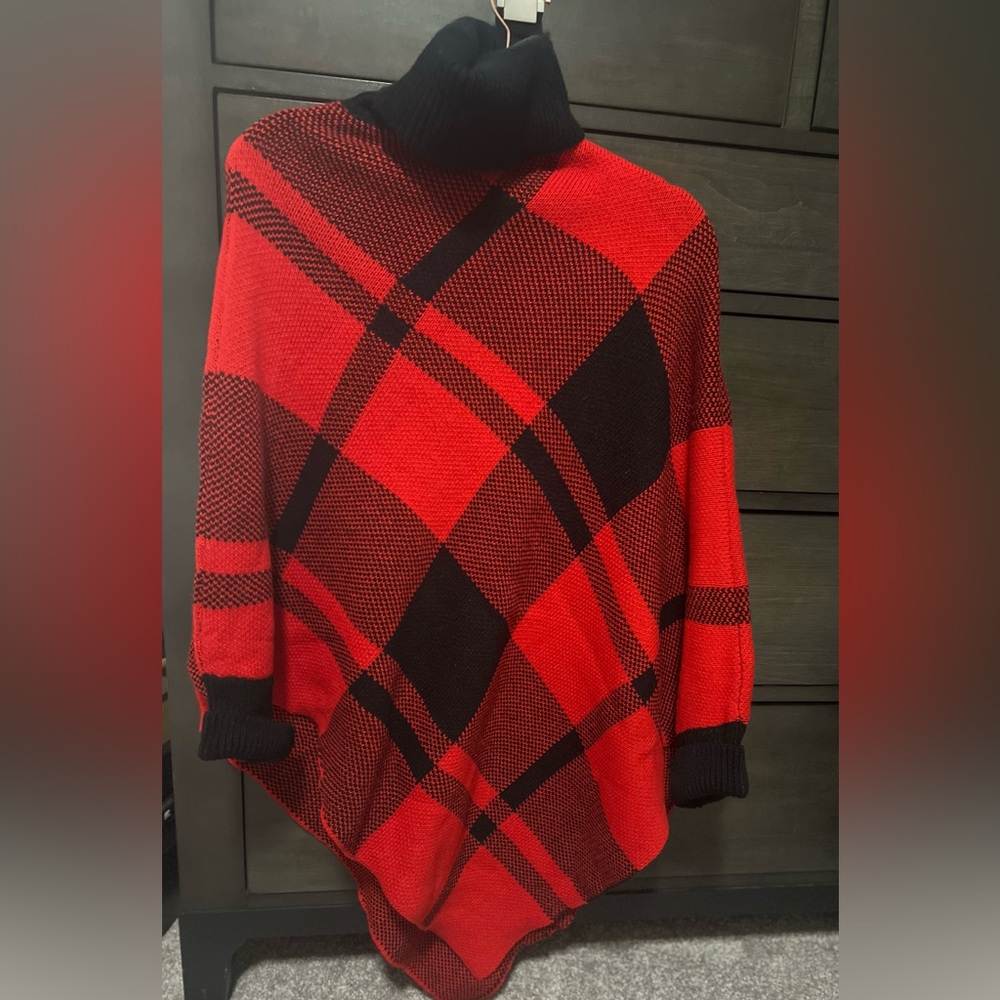 Red and Black Checkered Turtleneck Sweater